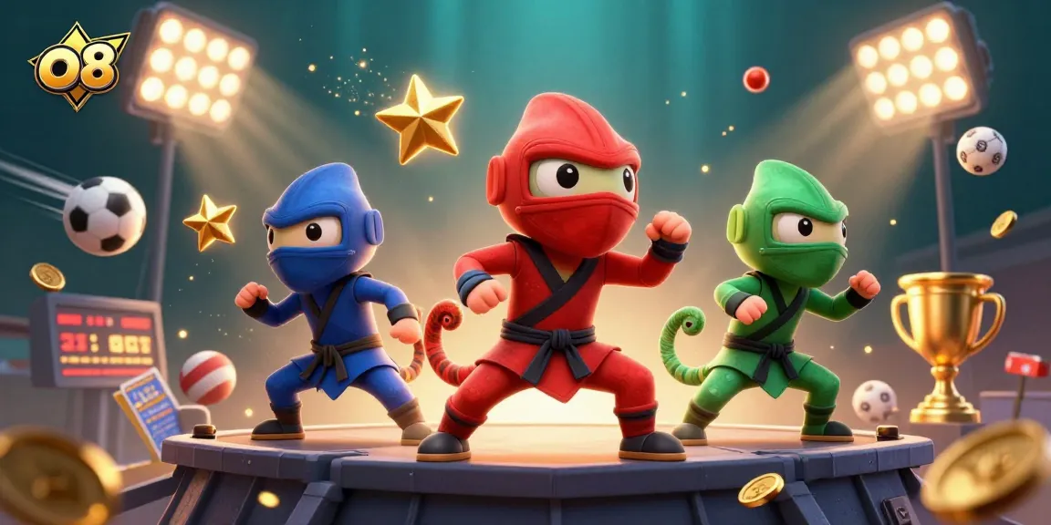 Engage in thrilling gaming at o 8, featuring dynamic chameleon ninjas amidst sports action.
