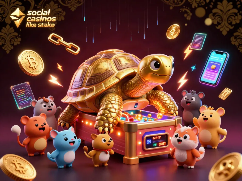 Engage with top social casinos like stake, showcasing vibrant 3D elements, cartoon characters, and crypto highlights.