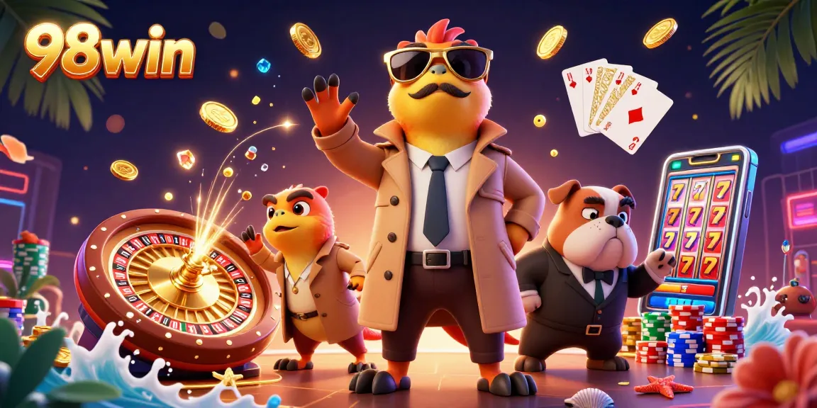 Experience vibrant gameplay at 98win with lively raptors in a casino scene.
