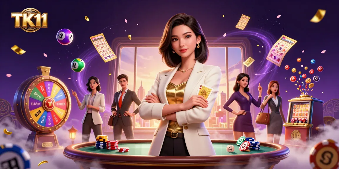 Win exciting games with TK11 as vibrant lottery elements surround a professional casino setting.