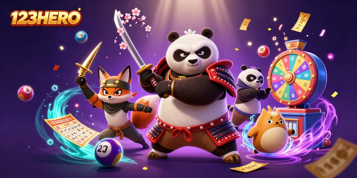 Engage with 123HERO's dynamic gaming world featuring samurai panda and animated casino elements.