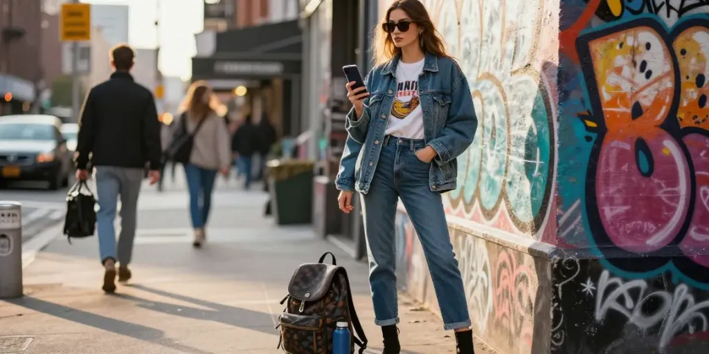 Fashionisk .com street style captured, showcasing a young woman in trendy urban attire during golden hour.