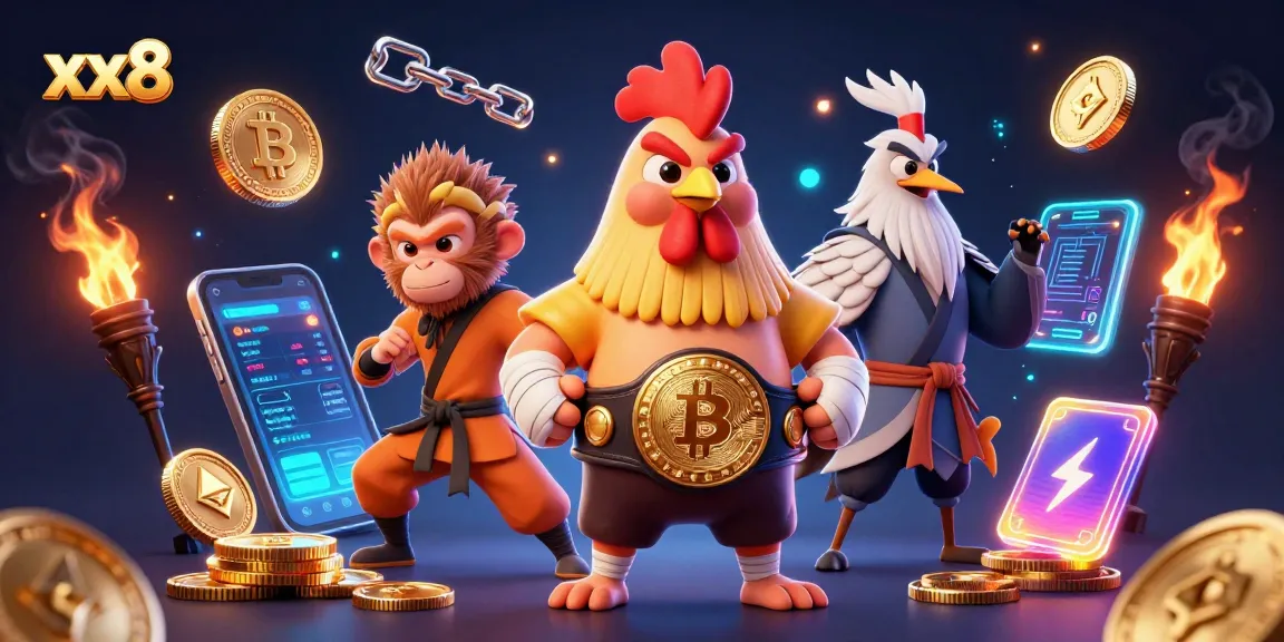 Experience the excitement of xx8 with a vibrant 3D illustration of a Muay Thai rooster and crypto elements.