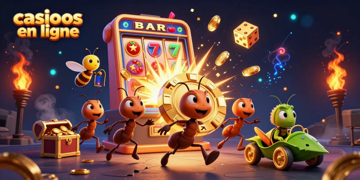 Jouer dans des casinos en ligne avec une illustration d'ant et d'insectes animés impliqués dans une aventure de jeu.