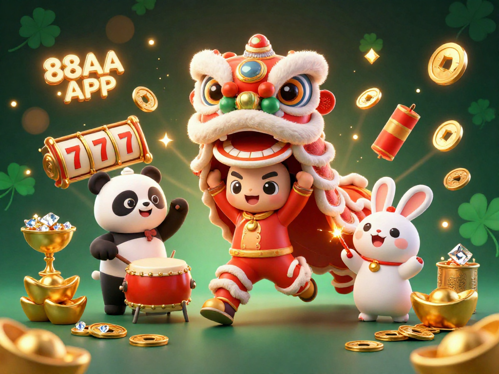 Join the excitement with 88AA APP as a joyful lion dance fills the scene with vibrant casino treasures.
