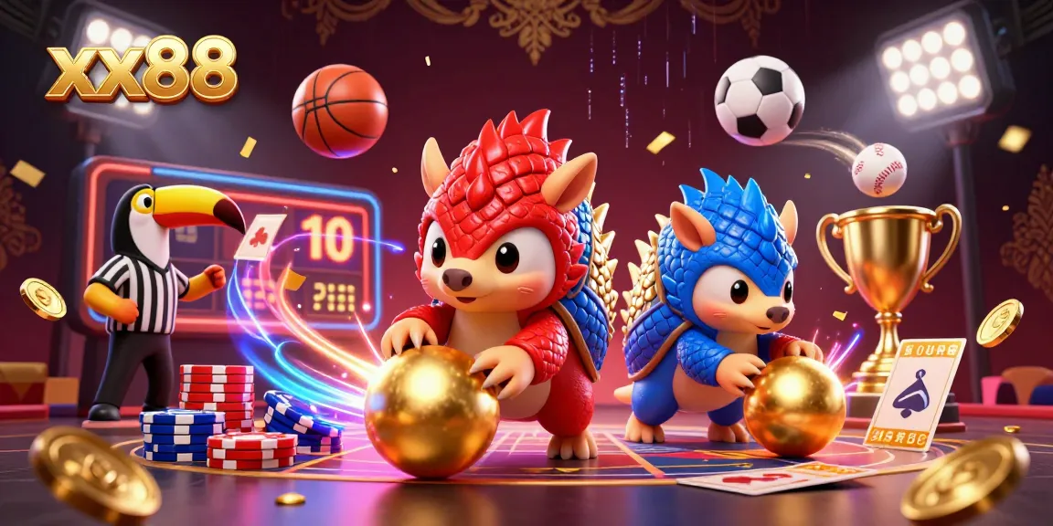 xx88 pangolins competing in dynamic bowling action amid overflowing poker chips and vibrant sports elements.