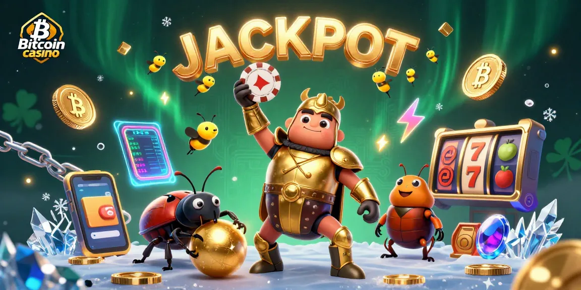 Expérimentez le Bitcoin casino avec le scarabée en armure et un jackpot lumineux.