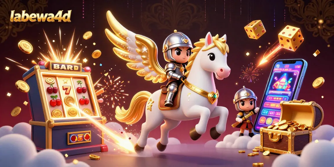 Permainan labewa4d menampilkan kuda putih berSayap emas, slot machine, dan efek jackpot yang meriah.