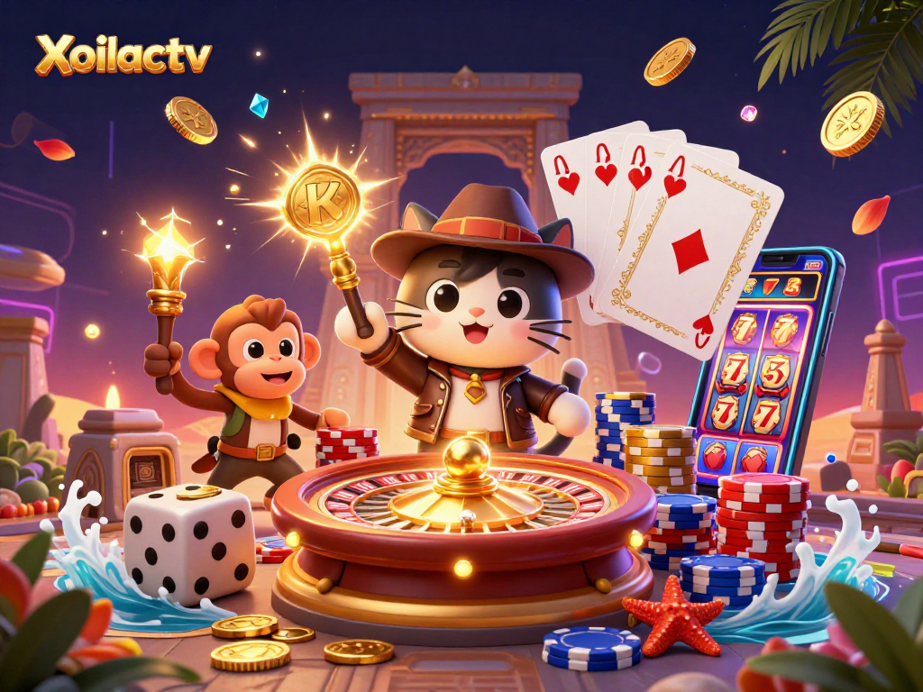 Xoilactv's lively gaming scene with an archaeologist cat and monkey amidst spinning roulette and golden coins.