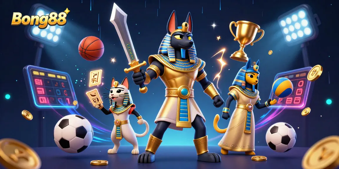 Bong88 sports betting scene with Anubis warrior and Bastet cat, showcasing dynamic elements.