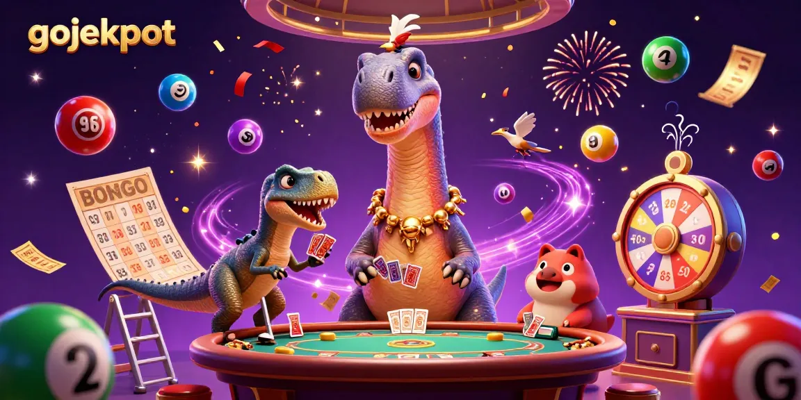 Engage in Gojekpot games with a vibrant casino scene featuring dynamic characters and festive elements.