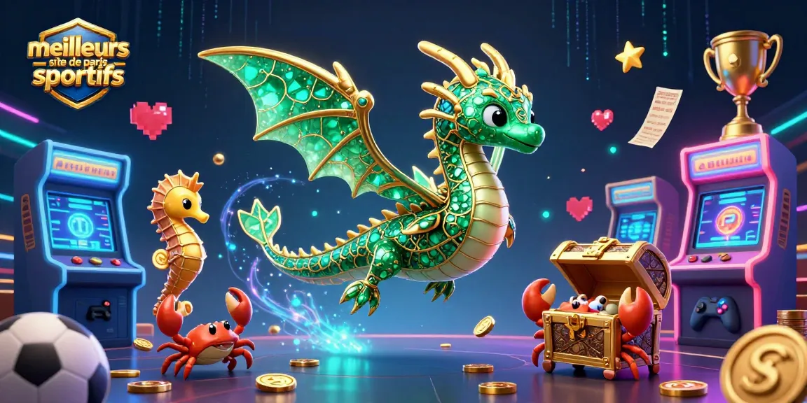 Image d'un dragon de mer émeraude représentant les meilleurs sites de paris sportifs, entouré d'éléments de paris sportifs.