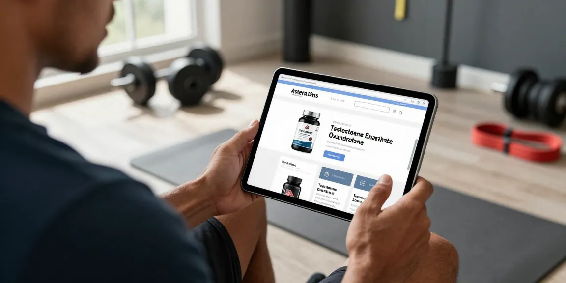 A fitness enthusiast shopping on the Astera Shop website, exploring lab-tested steroid products in a bright home gym.