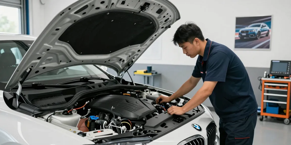 Professioneller Mechaniker in der BMW Werkstatt Hannover bei der Inspektion eines BMW Motors.