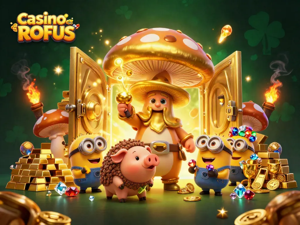Play exciting games at casino sider uden ROFUS, featuring gold treasures and magical characters in a vibrant scene.