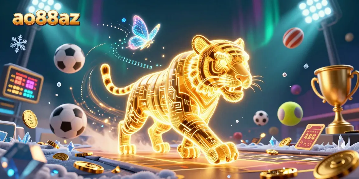Bet on ao88az with an engaging 3D digital casino scene featuring a golden tiger and sports elements.