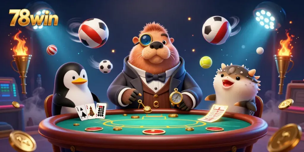 Experience thrilling poker action with 78win featuring a jolly walrus and dynamic casino elements.