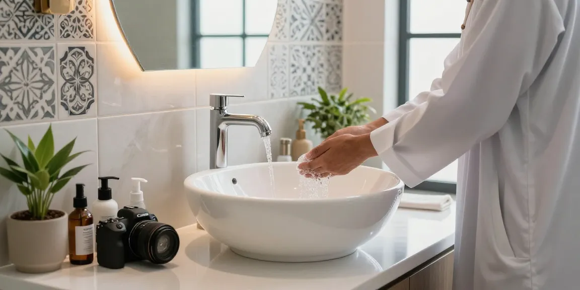 Wudu wash basin by solid surface countertops company showcasing elegance and functionality in modern bathroom design.