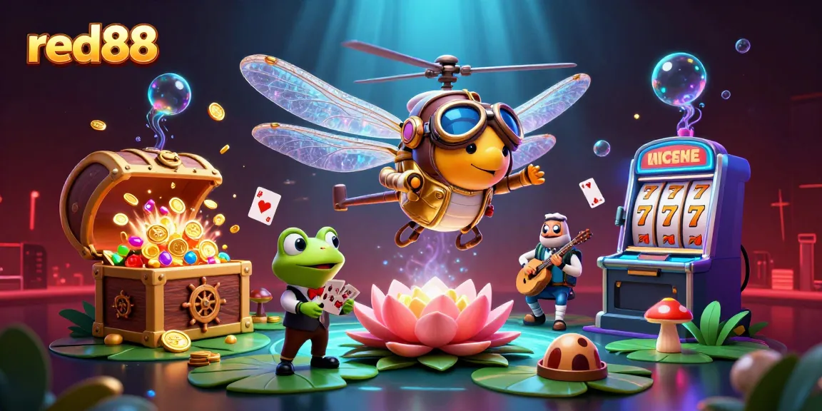 Experience vibrant gameplay with red88 featuring a dragonfly pilot and a frog dealer in this dynamic casino scene.