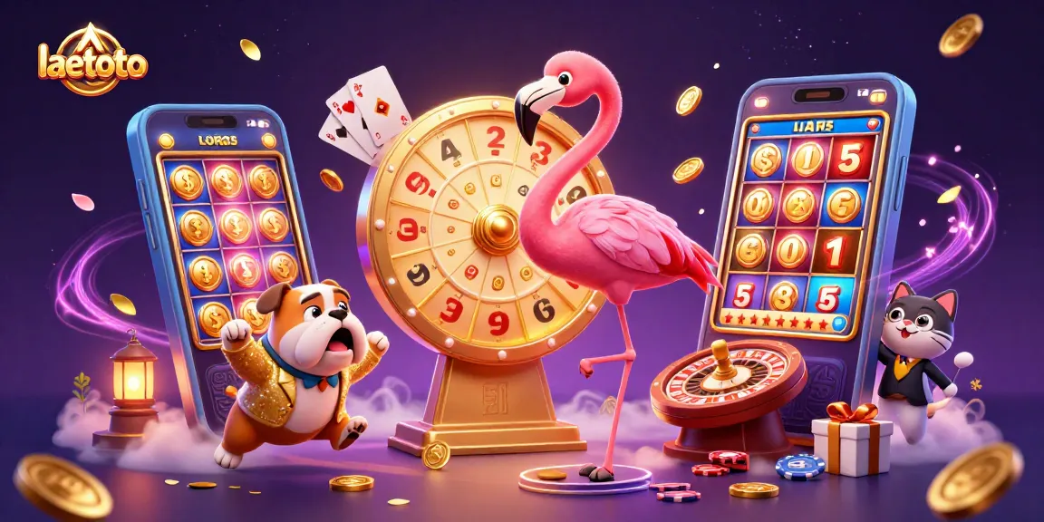 Engage with laetoto's vibrant casino scene featuring a flamingo host and bulldog contestant.