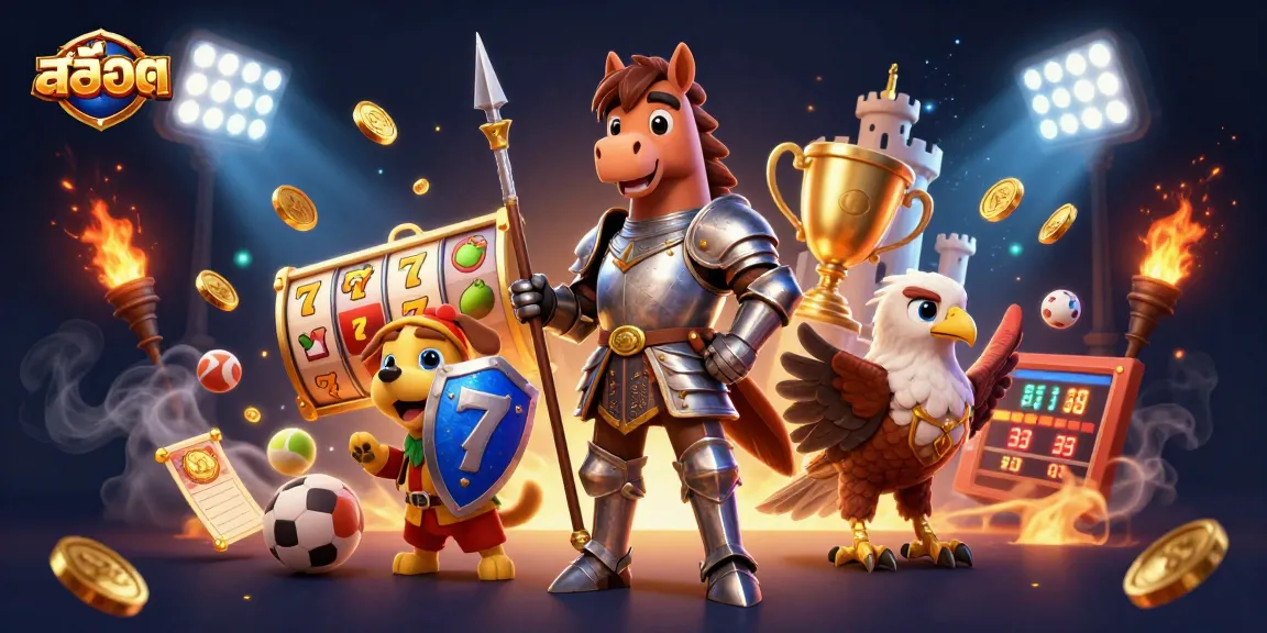 Experience exciting สล็อต action with a knight, puppy, and falcon amidst dynamic casino elements.