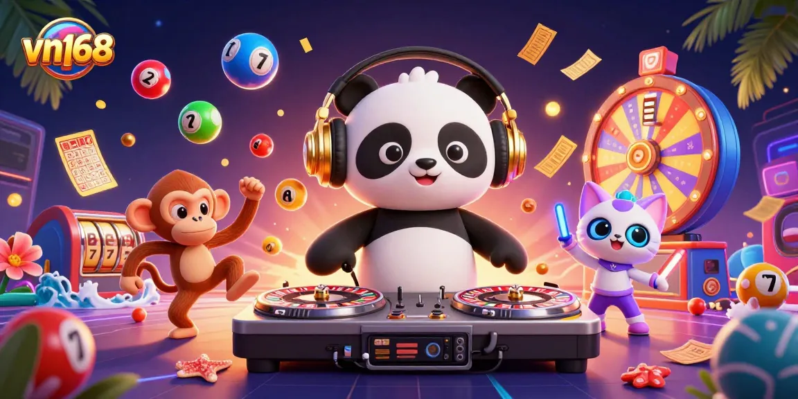 Experience the excitement at vn168 with a vibrant 3D illustration of a DJ panda and friends in an energetic casino scene.