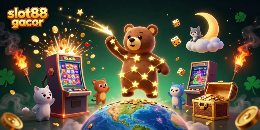 Gambar slot88 gacor yang menggambarkan karakter kartun 3D yang ceria di dunia kasino