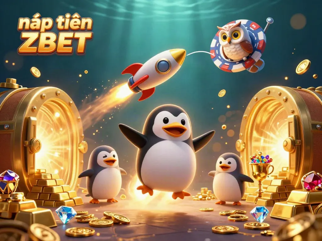 Engage in exciting gambling with nạp tiền ZBET featuring a golden penguin and casino elements.