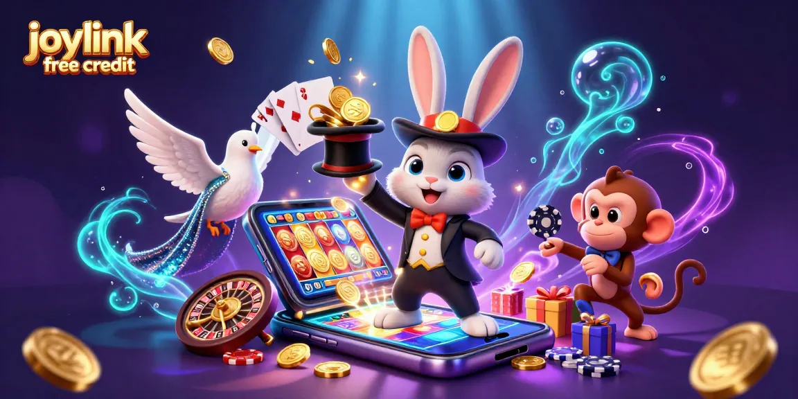 Experience joylink free credit magic with a 3D scene of a rabbit, dove, and monkey surrounded by casino elements