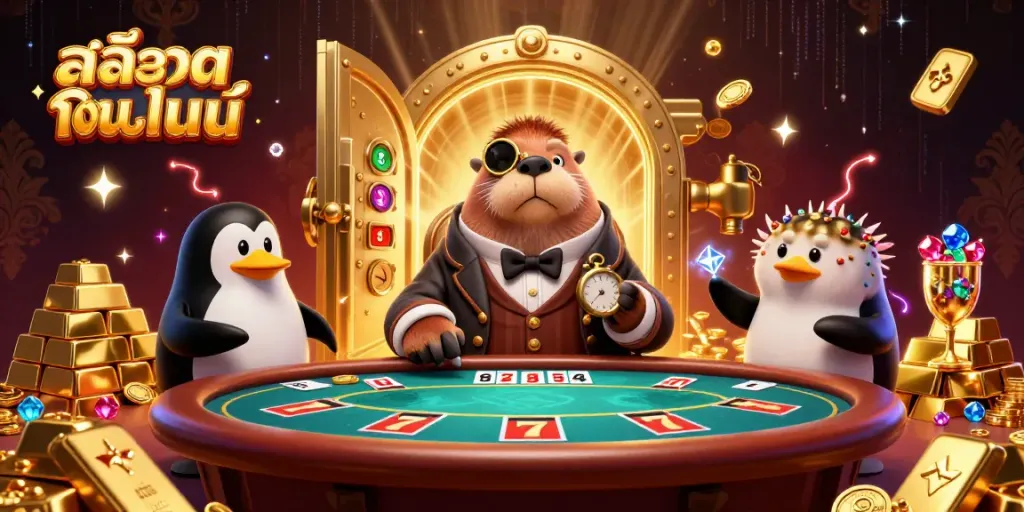 Experienceสล็อตออนไลน์ excitement with a jolly walrus and friends at an underwater poker table in a lavish 3D casino scene.