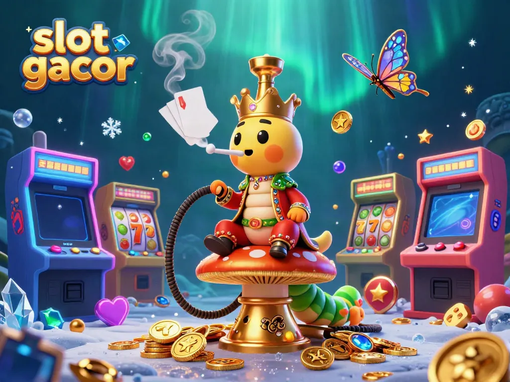 Engaging illustration of a whimsical caterpillar master in a casino-themed scene, showcasing slot gacor elements.