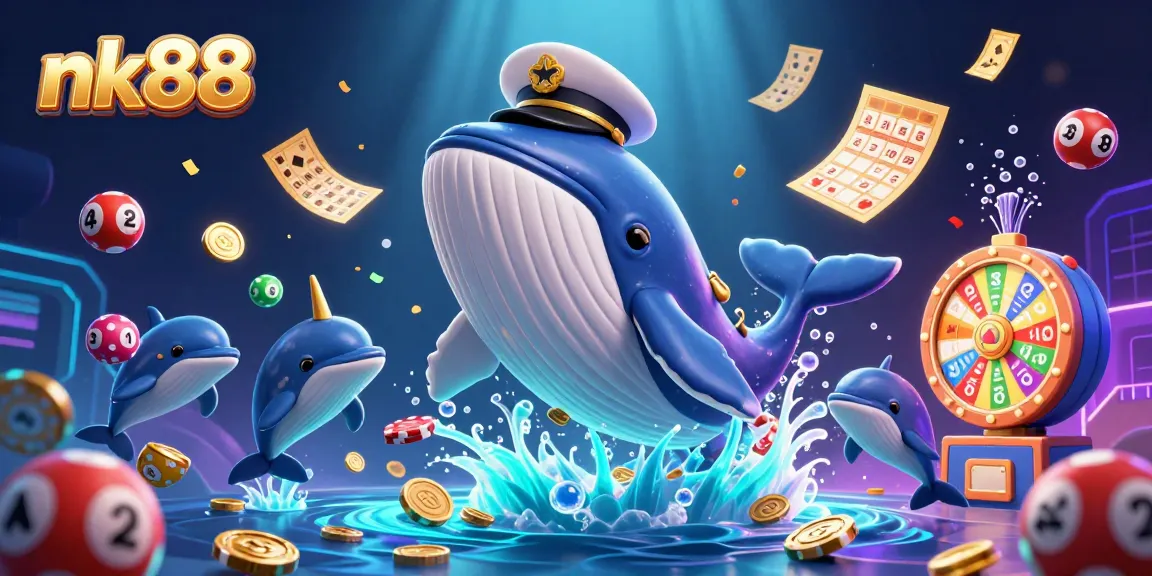 nk88 whales and dolphins celebrating with prizes and colors in a vibrant casino scene
