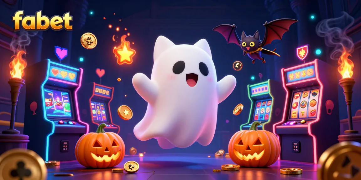 Playful ghost cat and bat companions explore fabet's haunted casino filled with glowing slot machines and game elements.