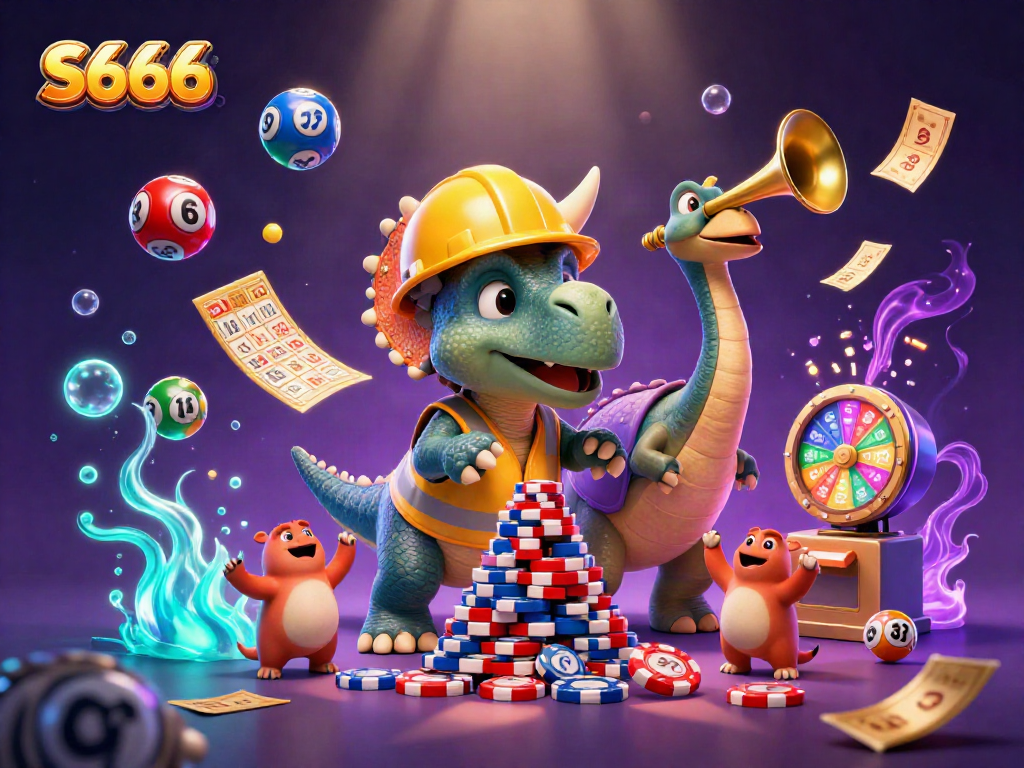 S666 engages players with vibrant 3D illustration of dinosaurs celebrating in a lively casino scene.