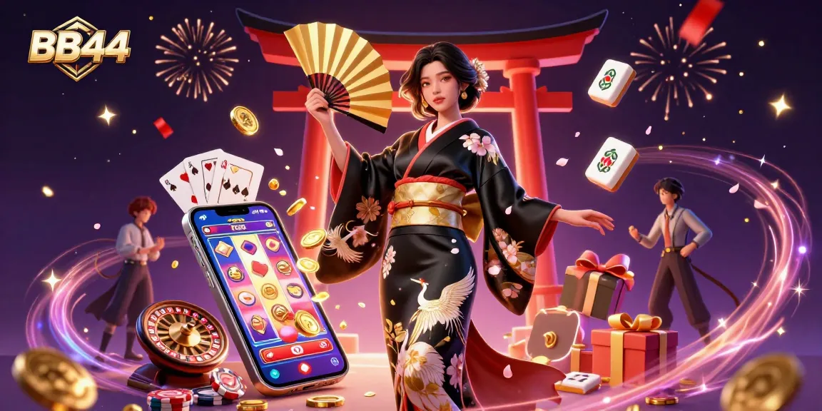 Play exciting games at BB44 casino with vibrant 3D illustrations showcasing winning moments.