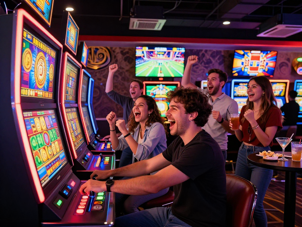 Celebrating friends near a slot jackpot machine in a lively casino atmosphere.