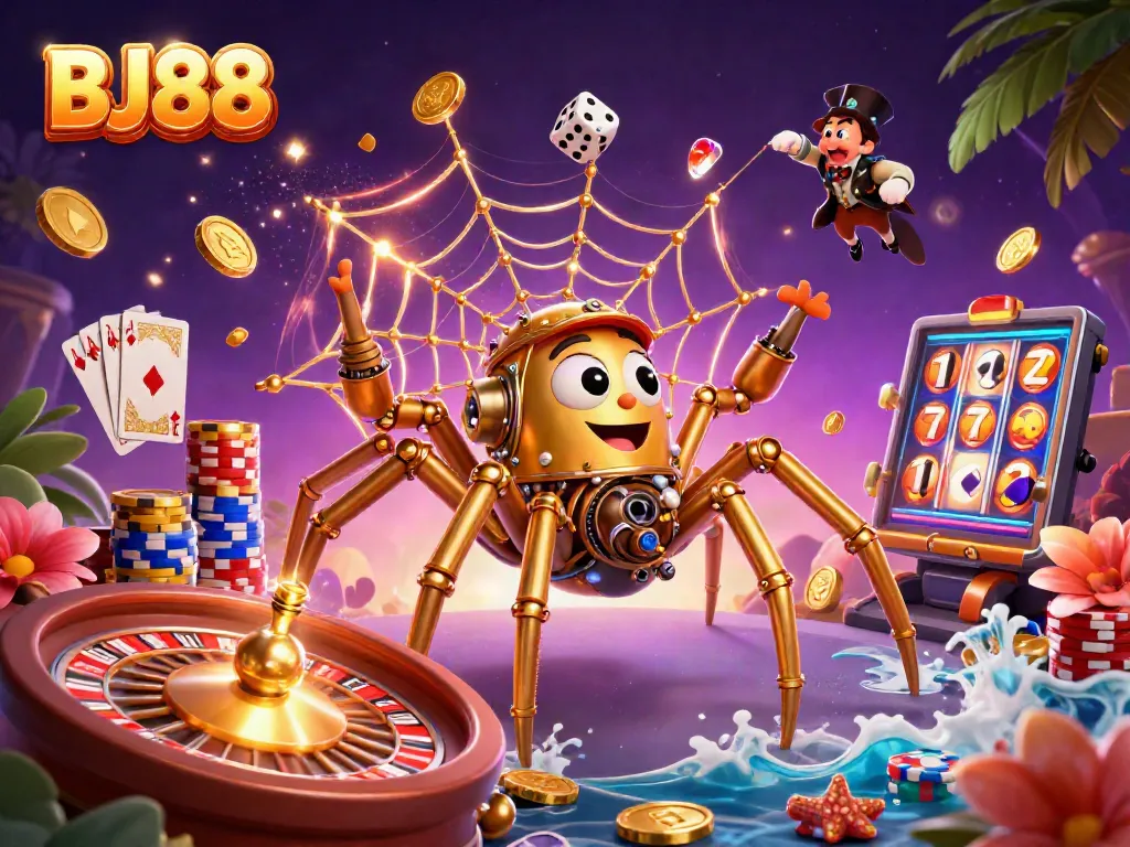 Experience thrilling gaming action at BJ88 with a vibrant 3D illustration of steampunk casino elements.