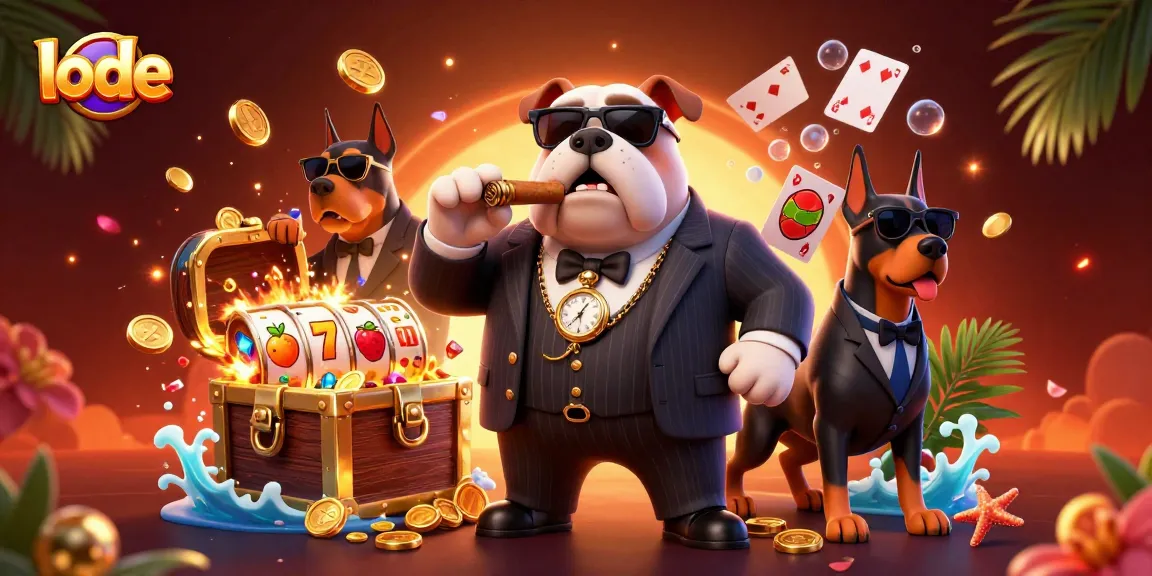 Engage with lode gaming excitement featuring a mafia bulldog and treasures amidst vibrant slot elements.