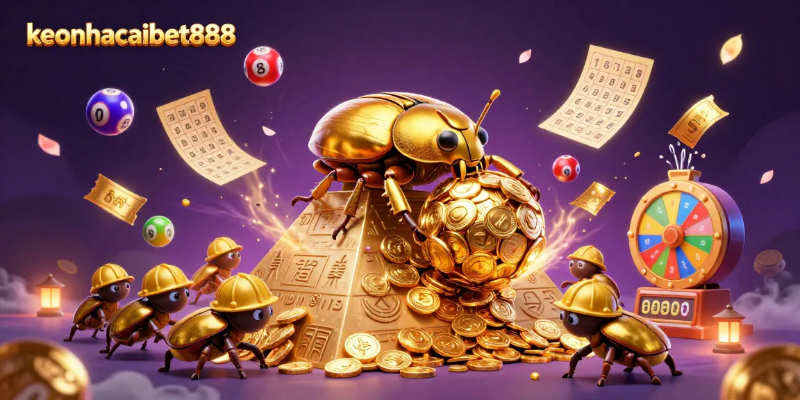 Experience the excitement of keonhacaibet888 with a dynamic 3D scene of golden beetles, casino symbols, and winning elements.