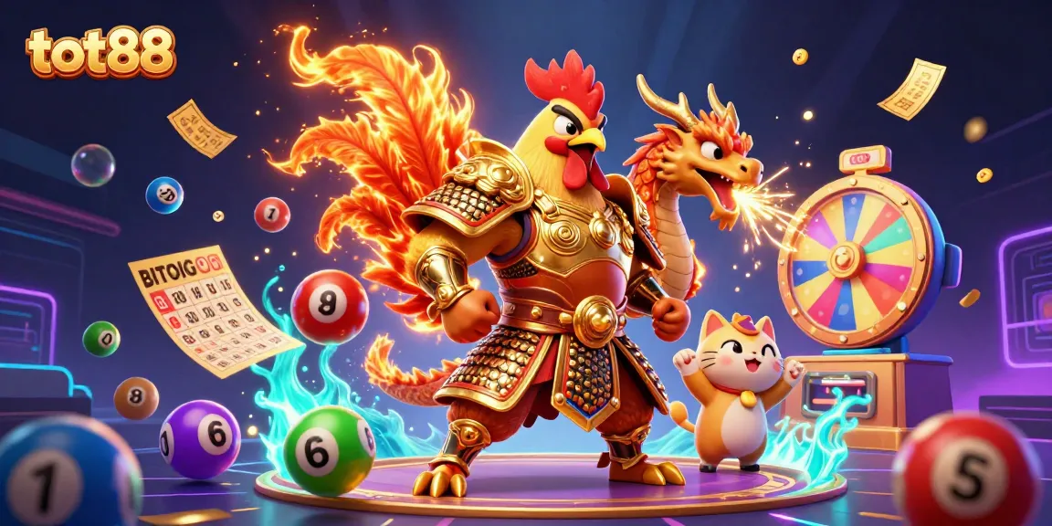 Experience the thrill of gaming with tot88's vibrant lottery scene featuring a fighting rooster and dragon.