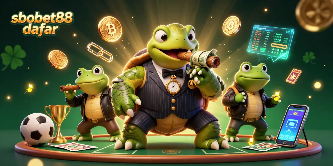 Bet on sbobet88 daftar with this dynamic illustration of a snapping turtle in a mobster suit and sports betting elements.