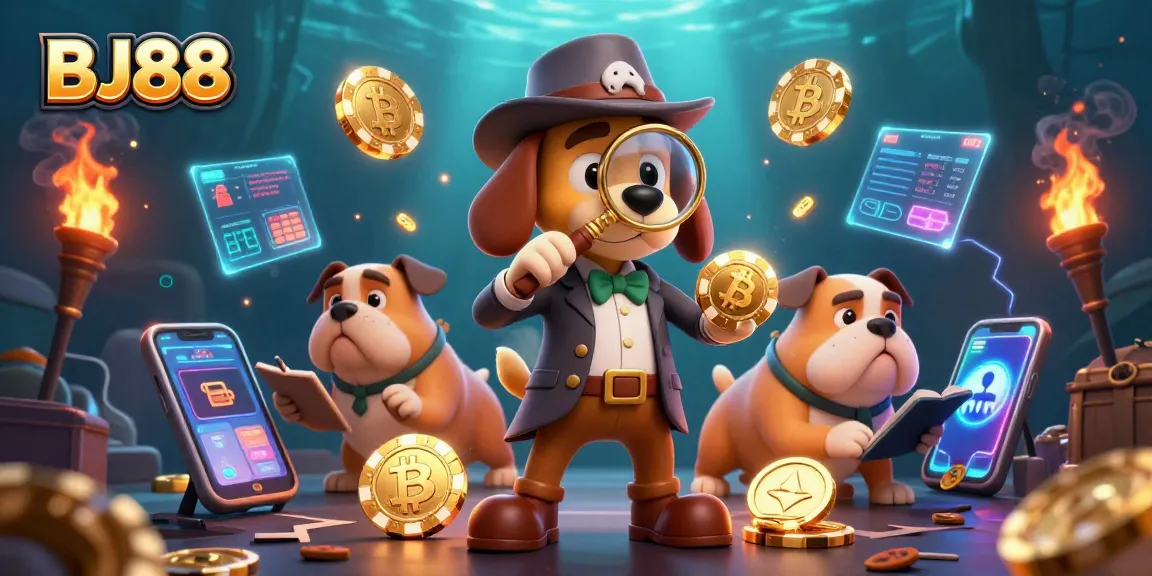 Engage with BJ88 through an adventurous 3D illustration highlighting casino elements and crypto themes.