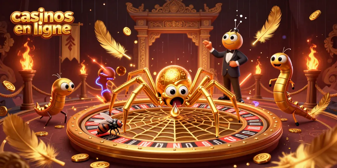 Les casinos en ligne illustrés avec une araignée dorée et des personnages vitaux dans une scène dynamique.