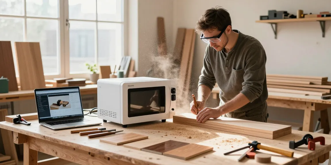 Shashel microwave device in a woodworking workshop treating wood for pest elimination.