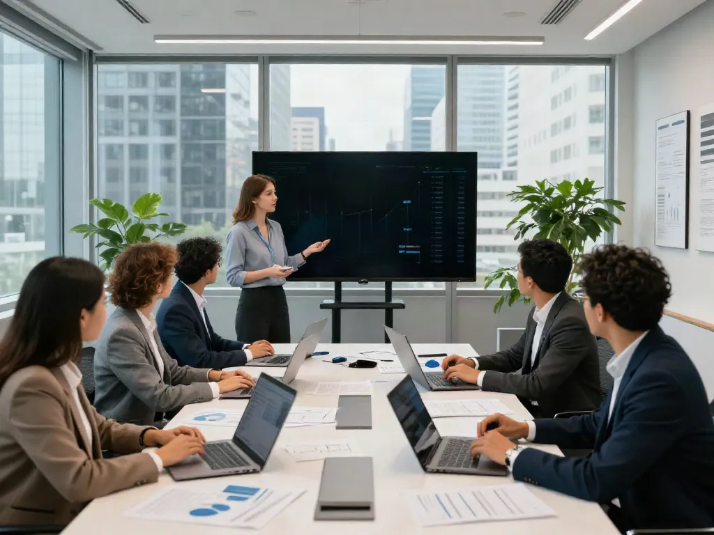 bpinetempresas collaboration in a modern office setting with diverse professionals discussing banking data