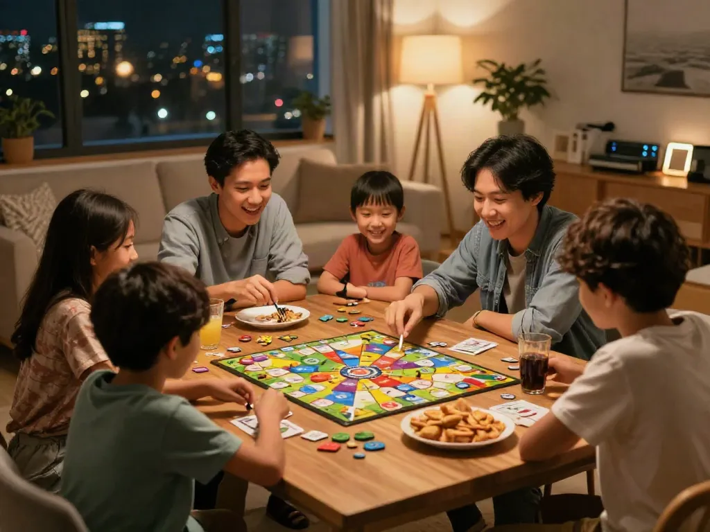 Game night with family enjoying board games, including Cialis-themed games.