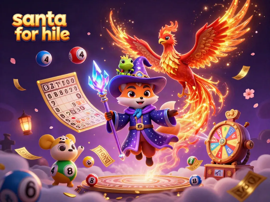 Engage with Santa for hire in a festive casino-themed scene with magical elements.
