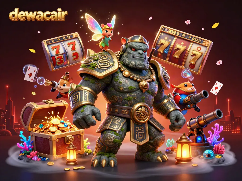 Experience the excitement at dewacair with vibrant slot reels and magical characters in a captivating 3D scene.