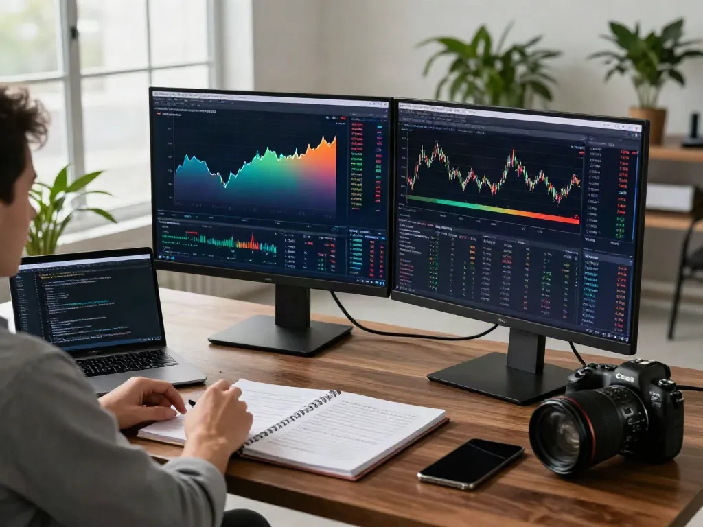 Trader using MetaTrader 5 on dual monitors for market analysis in a modern office.