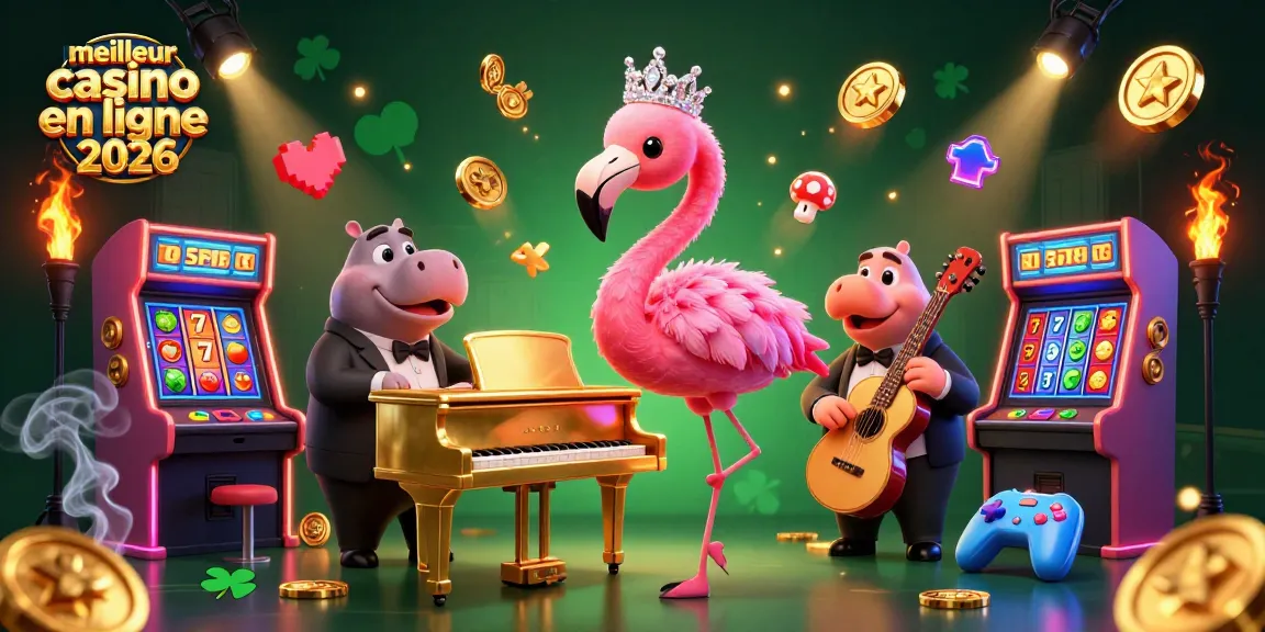 Découvrez le meilleur casino en ligne 2026 avec un flamingo chanteur accompagnant un hippopotame musicien.